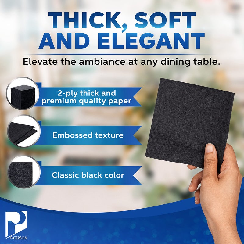 P Paterson Paterson Paper Black Paper Beverage/Cocktail Napkins Bulk (2 Ply, Embossed Edge, 10" x 10" - 1000/Case) - Image 3